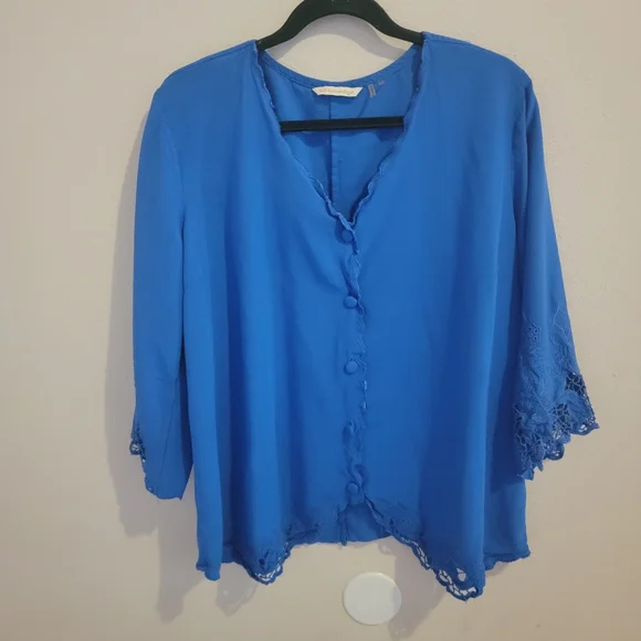 Soft Surrounding Sapphire Embroidered Trim Button Up Blouse Top - Picture 8 of 13